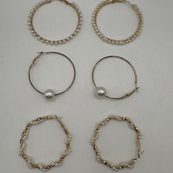Lot Os 3 Pair Gold Tone Hoop Earrings Faux Pear Accents Large Statement - Picture 1 of 7